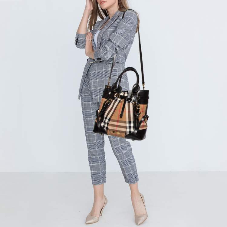 Burberry Black House Check Fabric Bridle Whipstitch Tote Burberry