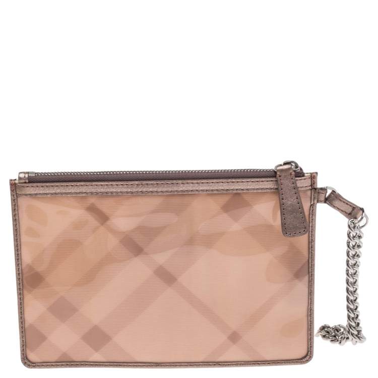Pre Owned Burberry Metallic Gold/Beige Transparent PVC and Leather Trim Wristlet Clutch