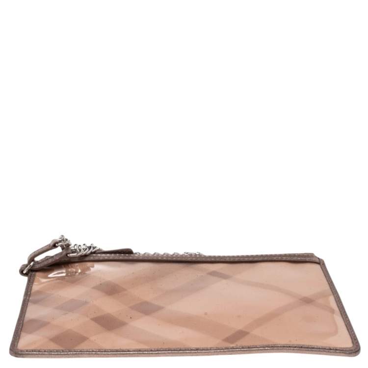 Pre Owned Burberry Metallic Gold/Beige Transparent PVC and Leather Trim Wristlet Clutch