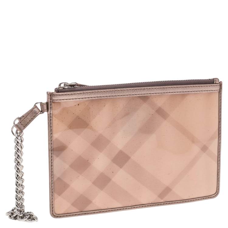 Pre Owned Burberry Metallic Gold/Beige Transparent PVC and Leather Trim Wristlet Clutch