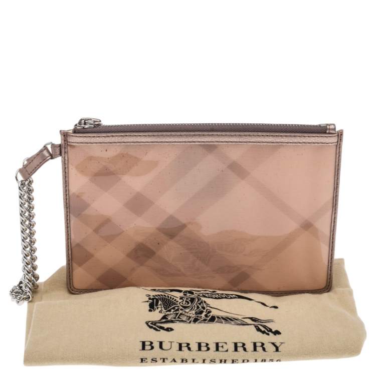 Pre Owned Burberry Metallic Gold/Beige Transparent PVC and Leather Trim Wristlet Clutch
