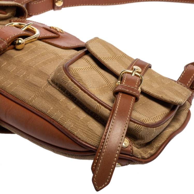Pre Owned Burberry Brown/Beige Haymarket Check Fabric and Leather Double Pocket Shoulder Bag