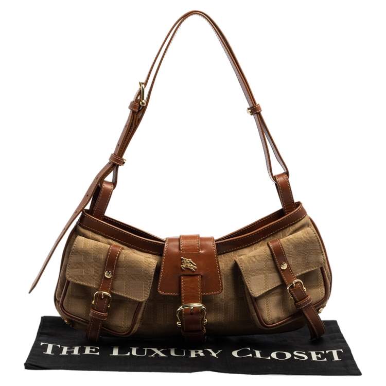 Pre Owned Burberry Brown/Beige Haymarket Check Fabric and Leather Double Pocket Shoulder Bag