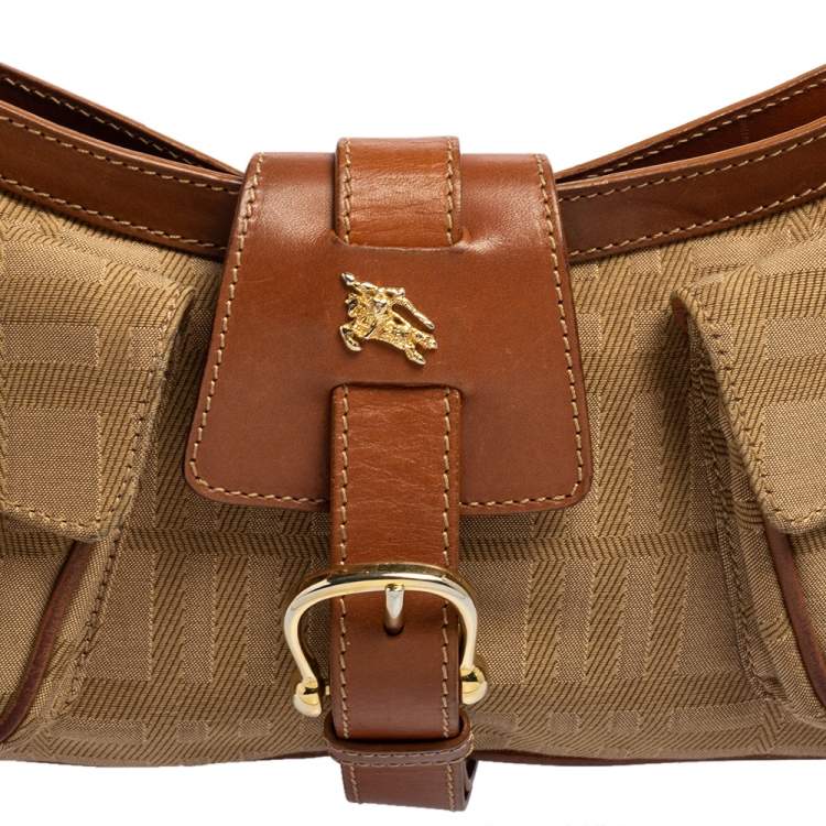 Pre Owned Burberry Brown/Beige Haymarket Check Fabric and Leather Double Pocket Shoulder Bag