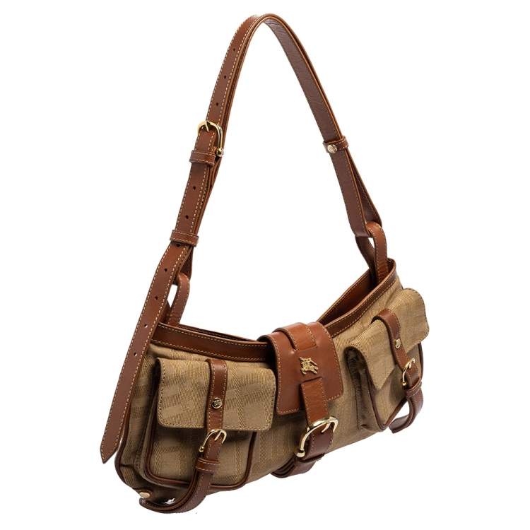 Pre Owned Burberry Brown/Beige Haymarket Check Fabric and Leather Double Pocket Shoulder Bag