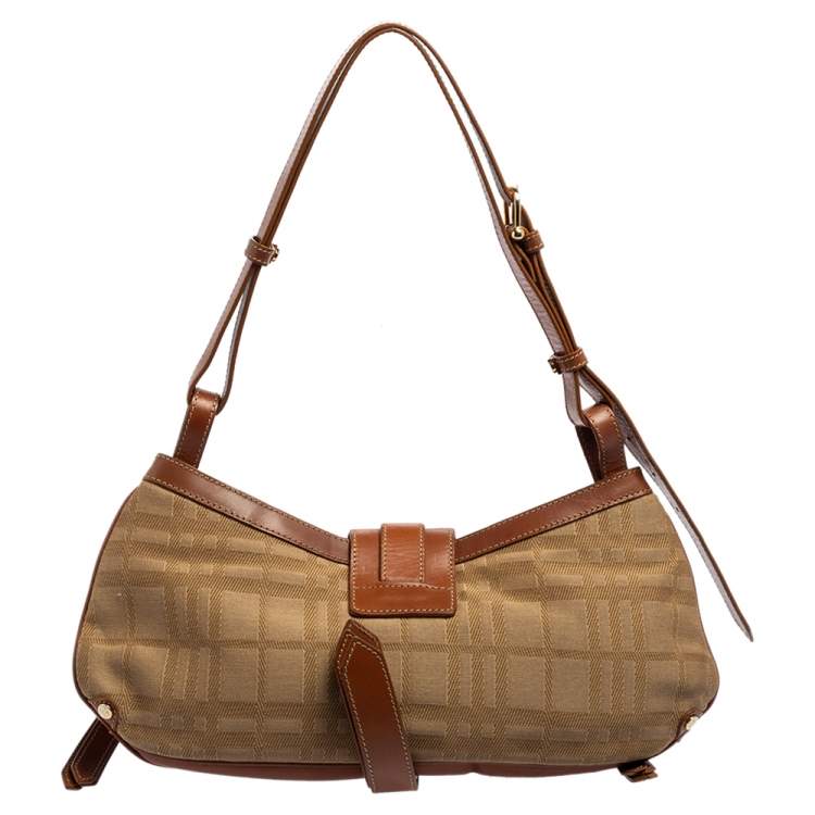 Pre Owned Burberry Brown/Beige Haymarket Check Fabric and Leather Double Pocket Shoulder Bag
