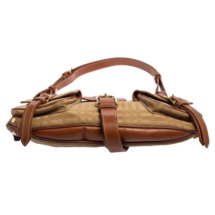 Pre Owned Burberry Brown/Beige Haymarket Check Fabric and Leather Double Pocket Shoulder Bag