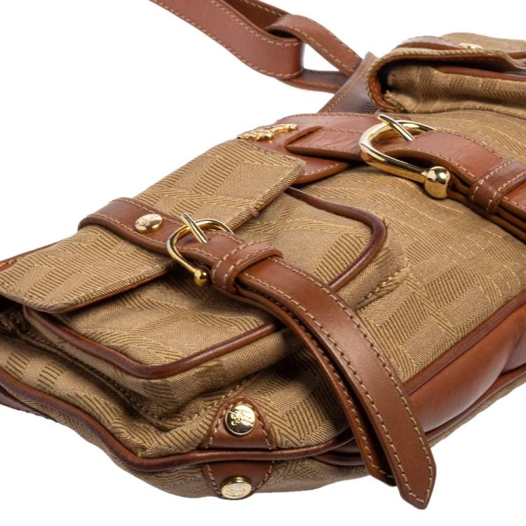 Pre Owned Burberry Brown/Beige Haymarket Check Fabric and Leather Double Pocket Shoulder Bag