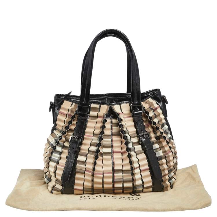 Pre Owned Burberry Black/Beige House Check PVC and Patent Leather Lowry Ruffled Tote