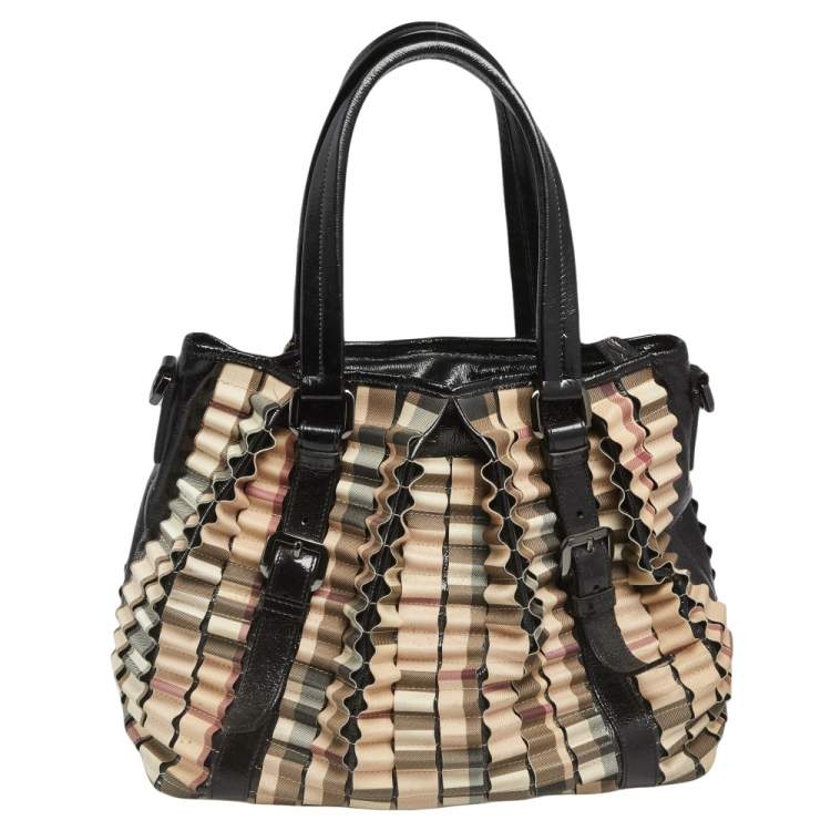 Pre Owned Burberry Black/Beige House Check PVC and Patent Leather Lowry Ruffled Tote