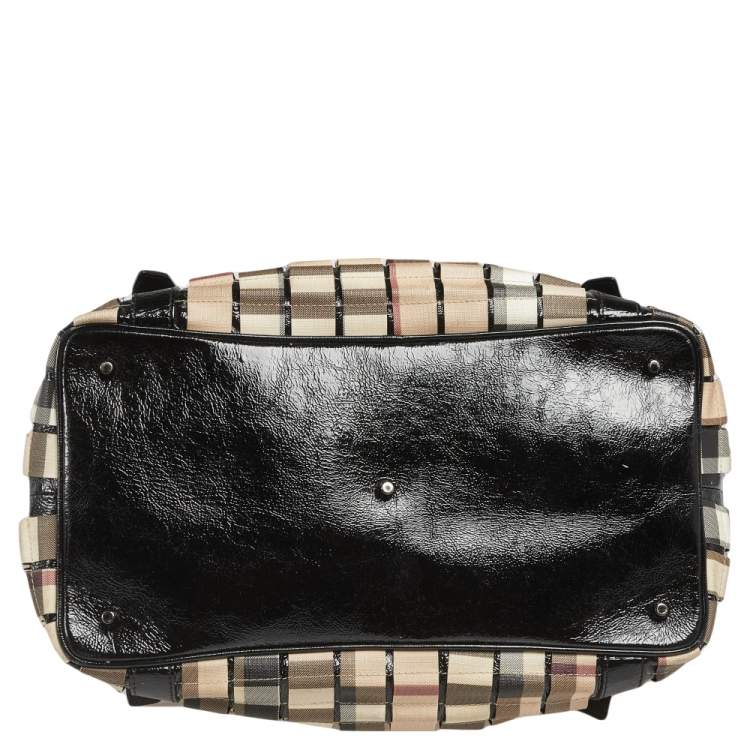 Pre Owned Burberry Black/Beige House Check PVC and Patent Leather Lowry Ruffled Tote