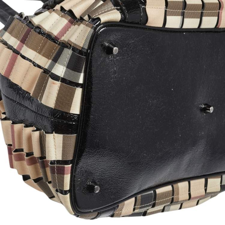 Pre Owned Burberry Black/Beige House Check PVC and Patent Leather Lowry Ruffled Tote
