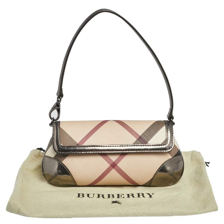 Pre Owned Burberry Metallic/Beige Nova Check PVC and Glossy Leather Emma Pochette Bag