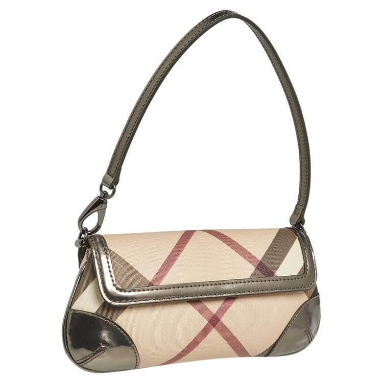 Pre Owned Burberry Metallic/Beige Nova Check PVC and Glossy Leather Emma Pochette Bag
