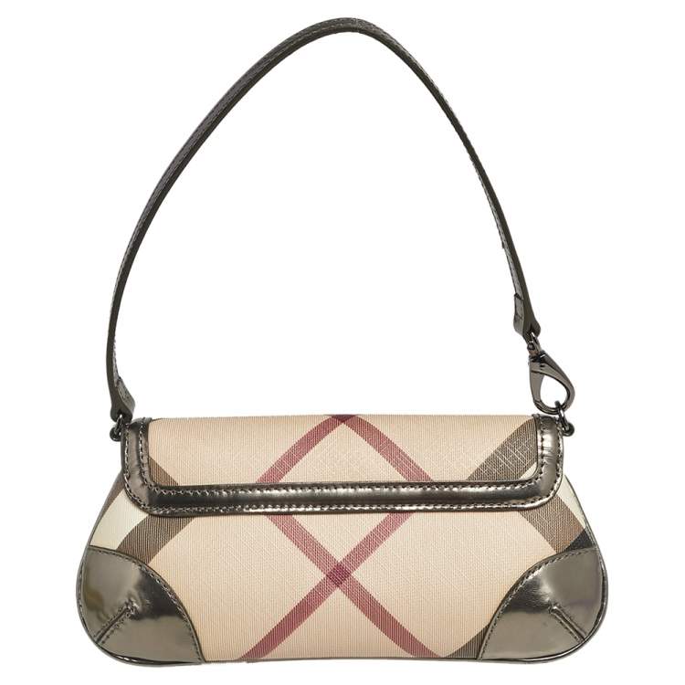 Pre Owned Burberry Metallic/Beige Nova Check PVC and Glossy Leather Emma Pochette Bag