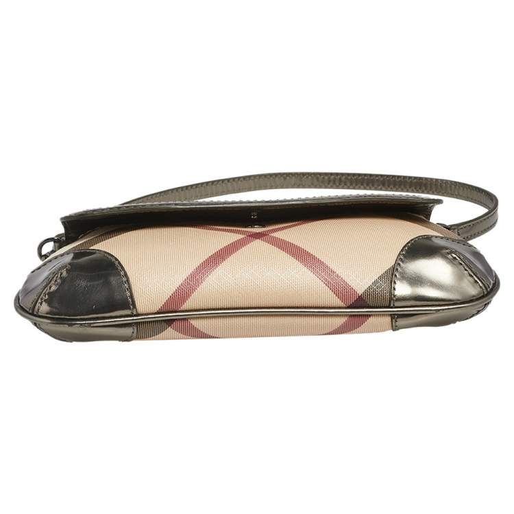 Pre Owned Burberry Metallic/Beige Nova Check PVC and Glossy Leather Emma Pochette Bag