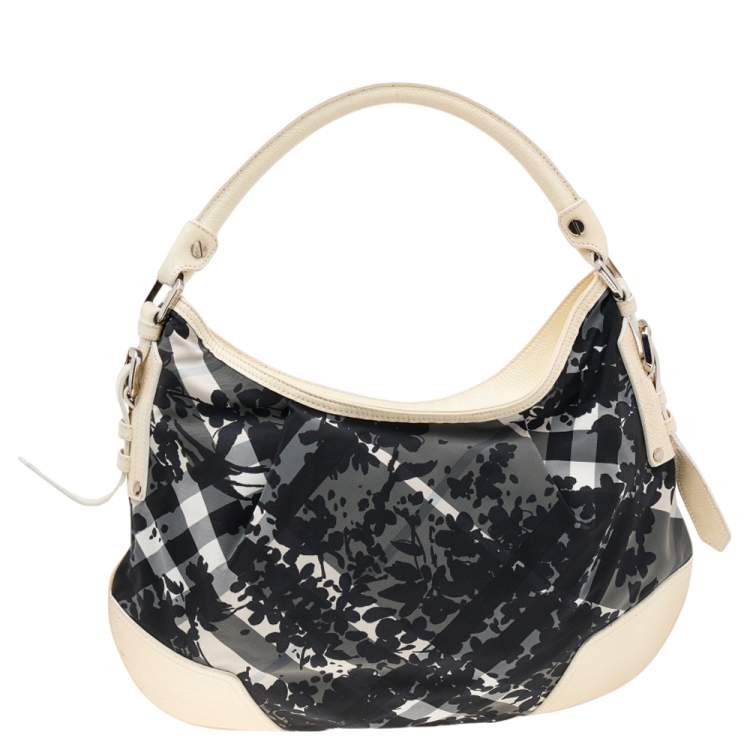 Pre Owned Burberry Black/Cream Floral Beat Check Nylon and Patent Leather Small Foley Hobo