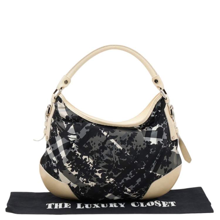 Pre Owned Burberry Black/Cream Floral Beat Check Nylon and Patent Leather Small Foley Hobo