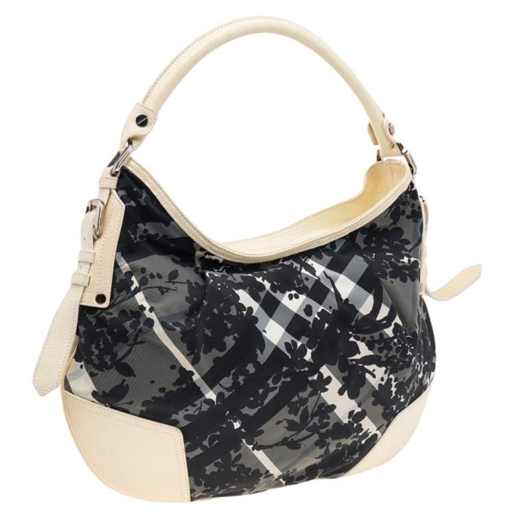 Pre Owned Burberry Black/Cream Floral Beat Check Nylon and Patent Leather Small Foley Hobo
