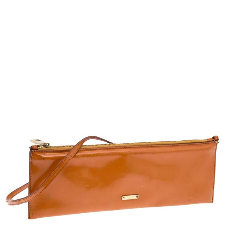 Pre Owned Burberry Orange Patent Leather Clutch Bag