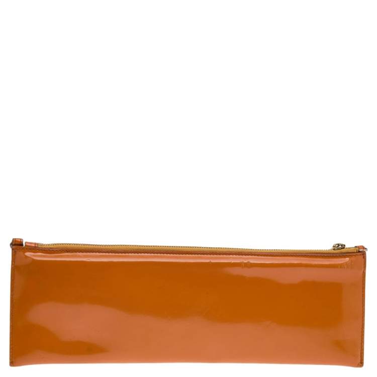 Pre Owned Burberry Orange Patent Leather Clutch Bag