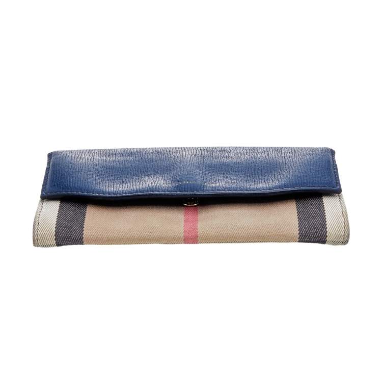 Pre Owned Burberry Navy Blue/Beige Leather and Nova Check Canvas Continental Wallet