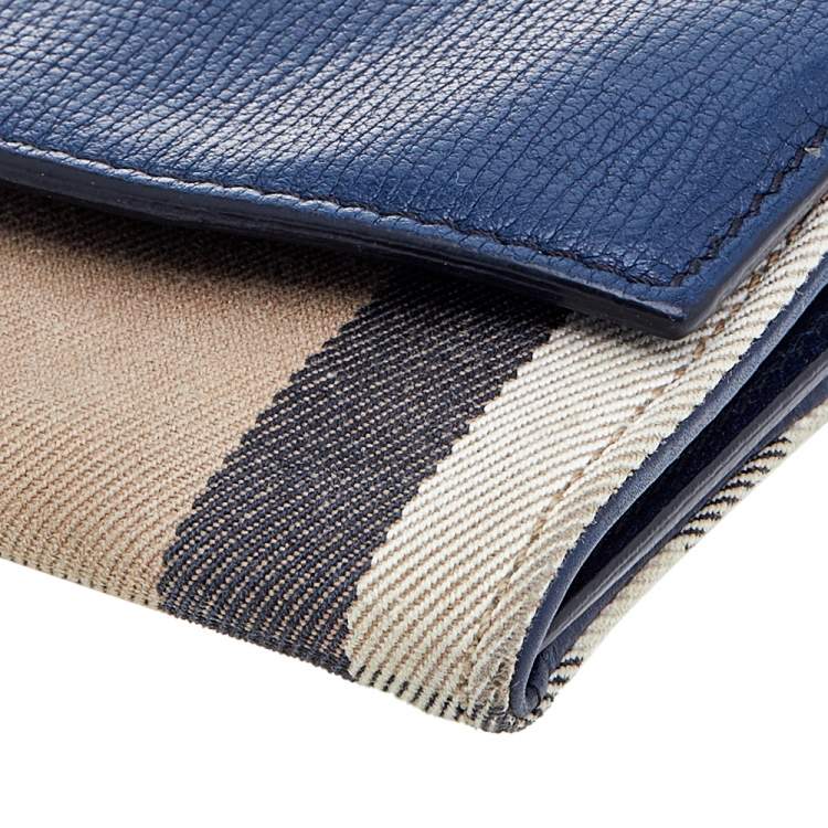 Pre Owned Burberry Navy Blue/Beige Leather and Nova Check Canvas Continental Wallet