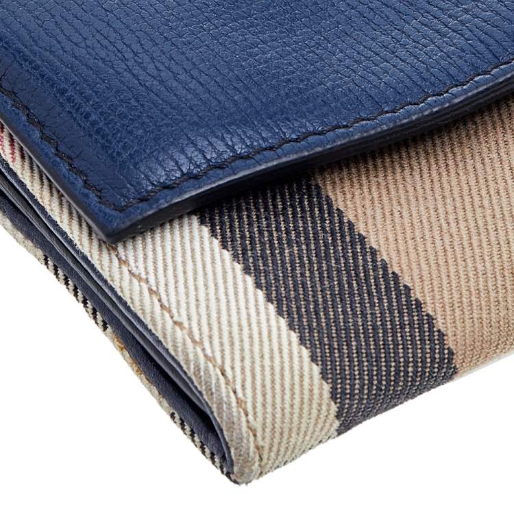 Pre Owned Burberry Navy Blue/Beige Leather and Nova Check Canvas Continental Wallet