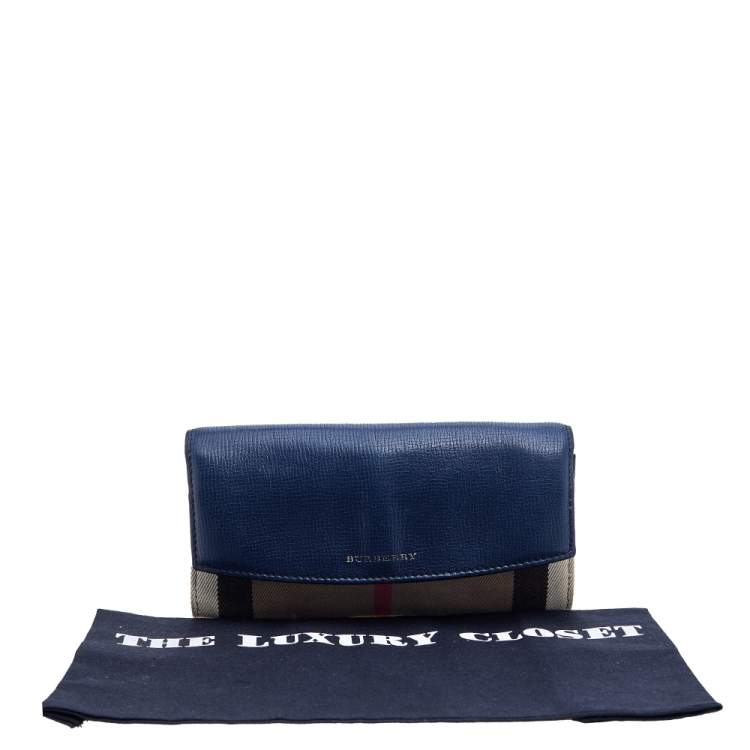 Pre Owned Burberry Navy Blue/Beige Leather and Nova Check Canvas Continental Wallet