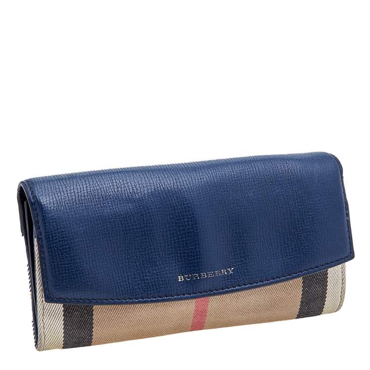 Pre Owned Burberry Navy Blue/Beige Leather and Nova Check Canvas Continental Wallet
