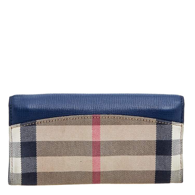 Pre Owned Burberry Navy Blue/Beige Leather and Nova Check Canvas Continental Wallet