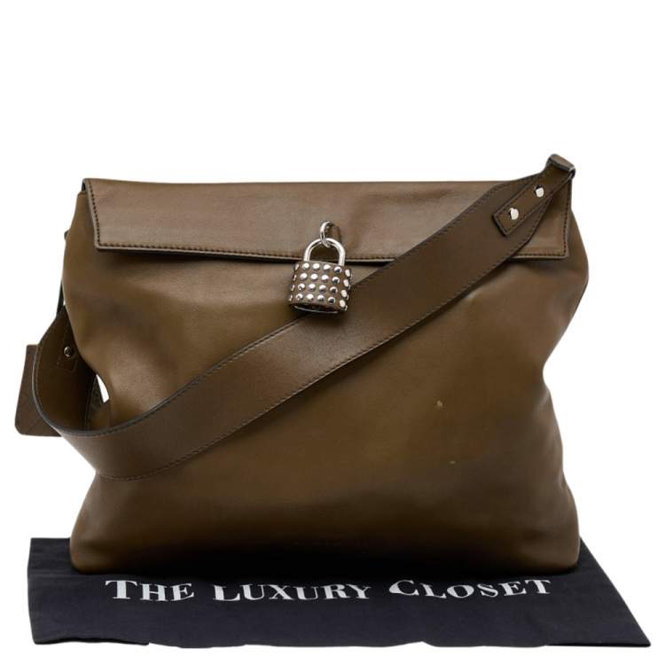 Pre Owned Burberry Olive Green Leather Studded Lock Messenger Bag