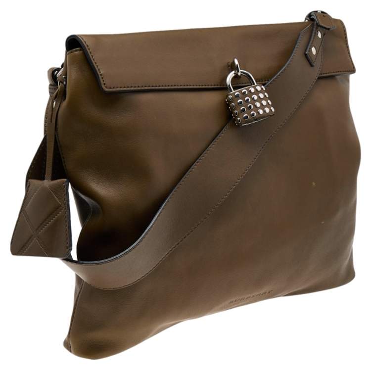 Pre Owned Burberry Olive Green Leather Studded Lock Messenger Bag