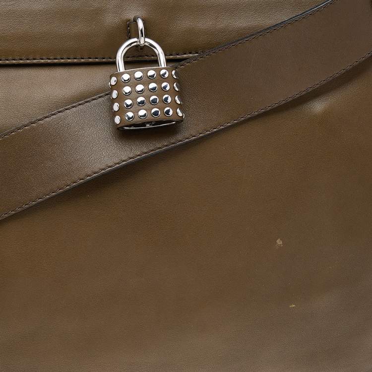 Pre Owned Burberry Olive Green Leather Studded Lock Messenger Bag