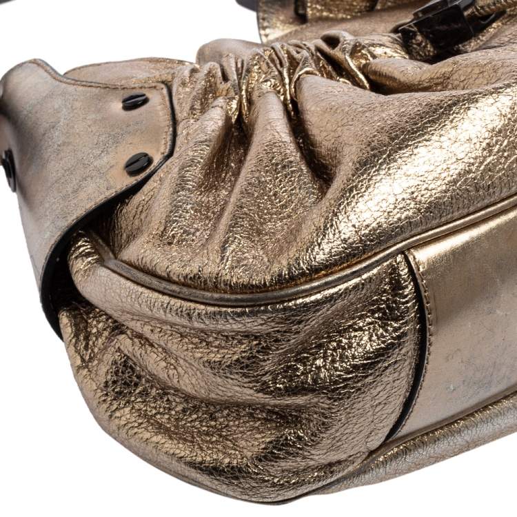 Pre Owned Burberry Gold Leather Warrior Drawstring Hobo