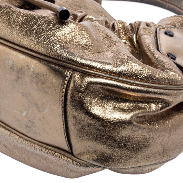 Pre Owned Burberry Gold Leather Warrior Drawstring Hobo