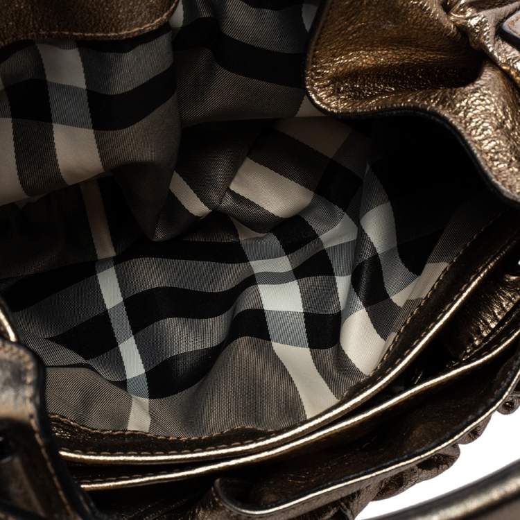 Pre Owned Burberry Gold Leather Warrior Drawstring Hobo