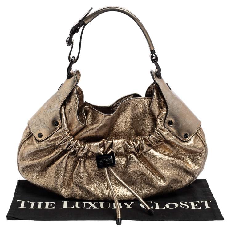 Pre Owned Burberry Gold Leather Warrior Drawstring Hobo