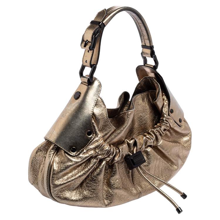Pre Owned Burberry Gold Leather Warrior Drawstring Hobo