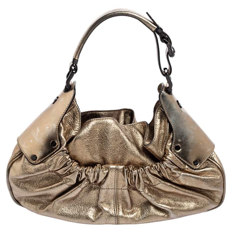 Pre Owned Burberry Gold Leather Warrior Drawstring Hobo