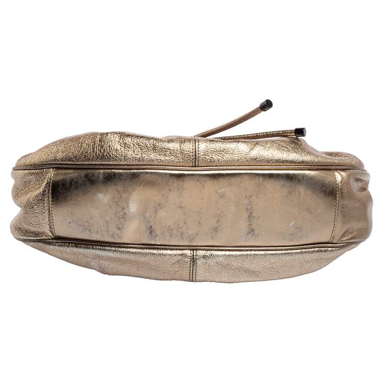 Pre Owned Burberry Gold Leather Warrior Drawstring Hobo