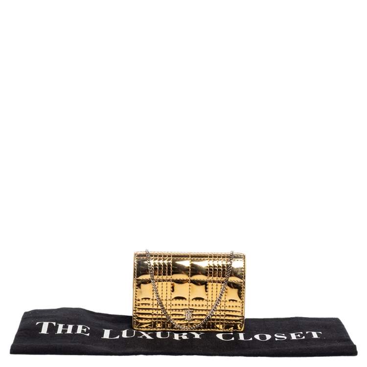 Pre Owned Burberry Gold Jessie Quilted Mirror Leather Flap Compact Wallet on Chain