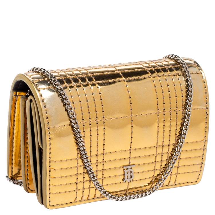 Pre Owned Burberry Gold Jessie Quilted Mirror Leather Flap Compact Wallet on Chain