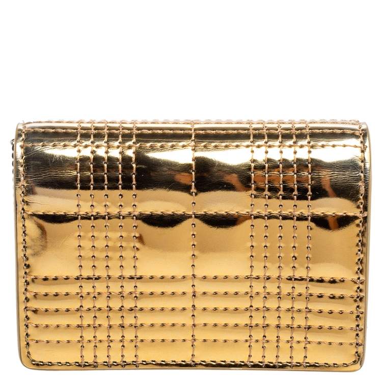 Pre Owned Burberry Gold Jessie Quilted Mirror Leather Flap Compact Wallet on Chain