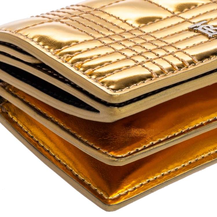 Pre Owned Burberry Gold Jessie Quilted Mirror Leather Flap Compact Wallet on Chain