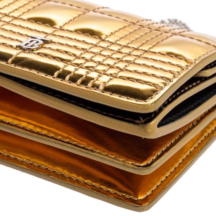 Pre Owned Burberry Gold Jessie Quilted Mirror Leather Flap Compact Wallet on Chain