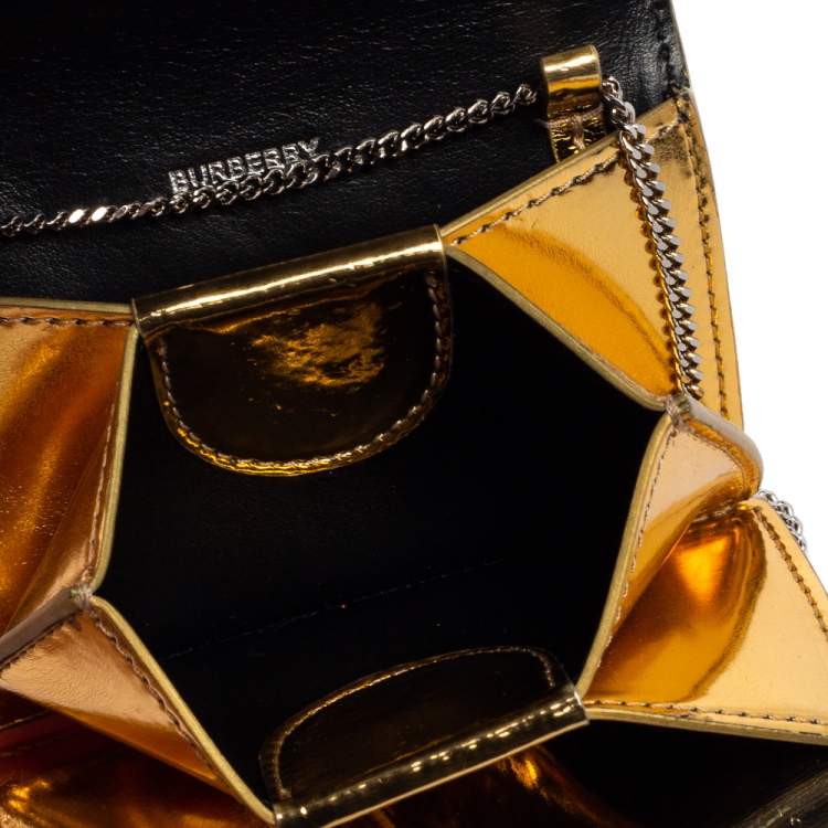 Pre Owned Burberry Gold Jessie Quilted Mirror Leather Flap Compact Wallet on Chain