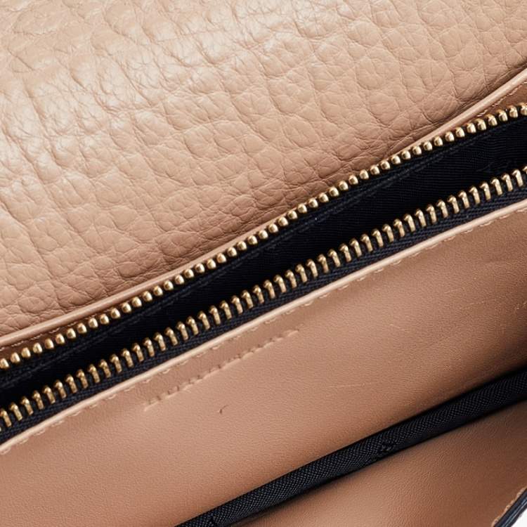 Pre Owned Burberry Beige Textured Leather Flap Wallet On Chain