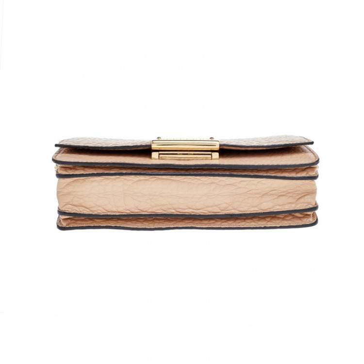 Pre Owned Burberry Beige Textured Leather Flap Wallet On Chain