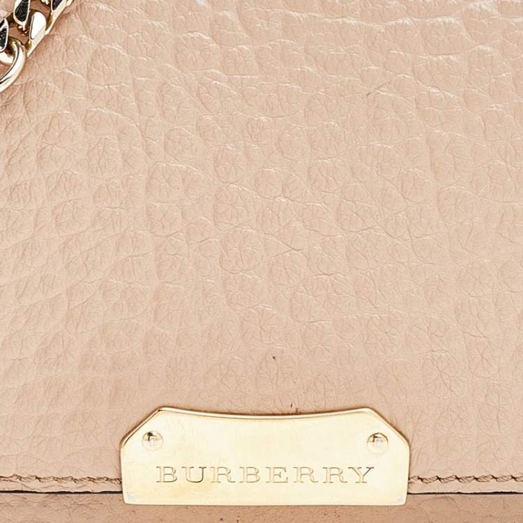 Pre Owned Burberry Beige Textured Leather Flap Wallet On Chain
